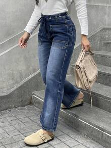 Women's Large-Size Loose Straight-Cut Jeans With Zipper Placket, Drawstring, Casual Street Style, Large Pockets, Non-Stretch, Comfortable, Versatile Women's Jeans, Plus Size - 中等水洗藍 - 查看 8