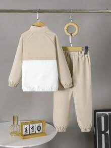 两件套幼儿男童半拉链长袖上衣和裤子套装，休闲运动风格，秋冬 - 卡其色 - 查看 2