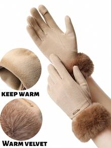 1 双女士保暖手套，人造毛皮袖口保暖内衬，防风，纯色，冬季配饰 - 彩色 - 查看 6