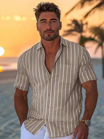 Herren-Lässig-Shirt mit gestreiftem Kurzarm, atmungsaktiv, modisch und einfach, geeignet für Frühlings-/Sommerurlaub