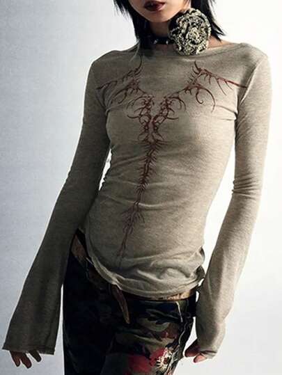 Gothic Style Dark Aesthetic Long Sleeve T-Shirt For Women, New Slim Fit Printed Top, Autumn