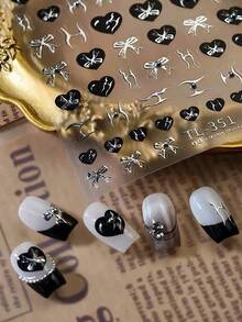 1 Stück Gothic Schwarze Herz Schleife 3D Nagel Sticker - Gold - Folie Gelee Glas - Konfetti Design, perfekt für Halloween Goth Süße Avantgarde Mädchen Nägel - Schwarz - Übersicht 4