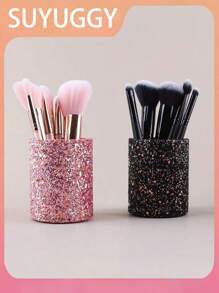 Support de pinceaux de maquillage pailleté - Sac de rangement pour maquillage de dames pailleté rose et noir, grand sac de toilette de voyage, étui à crayons élégant, parfait pour les pinceaux et les produits de beauté essentiels, organisateur de maquillage de voyage | Pour un look brillant | Décoration de salle de bain Organisateur de maquillage d'été Retour à l'école
