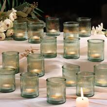 6Pcs Ribbed Blue Votive Candle Holders, Tea Light Candle Holders For Table Centerpiece, Blue Candle Holders For Wedding Decor, Home And Holiday Decor