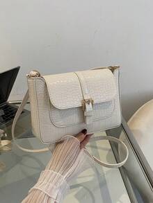 Fashion Solid Color Crocodile Pattern Belt Decoration Crossbody Bag - Beige - View 3