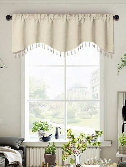 1 pieza Cortina con borlas estilo europeo bohemio en beige, textura de lino, tela reforzada, caída 3D, barra superior, amigable con la piel, filtra la luz, lavable, decoración vintage de granja para ventanas del hogar, adecuada para dormitorio, sala de estar, comedor, cocina, cafetería, armario