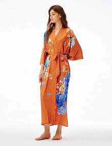 Women's Long Satin Silky Kimono Robe - Japanese Bathrobe Nightgown Loungewear Blouse - Orange - View 3