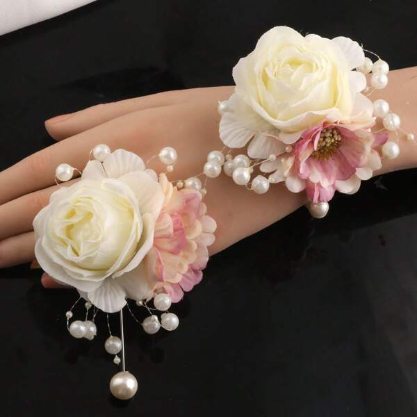 1 set Boutonnière en alliage métallique élégante avec rose blanche et marguerite rose + corsage de poignet, design unisexe convenant pour le marié, la mariée, les mariages, les fêtes, les galas