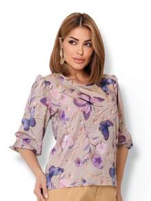 Women's Blouse With 3/4 Sleeves - Violet Flower - View 2