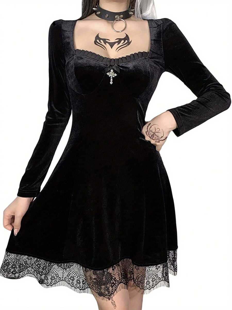 Womens Fashion Solid Color Gothic Dress Casual Long Sleeve High Waist Lace Trim A-Line Dress Elegant Party Wear Stylish - màu đen - Xem 1