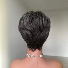 Krótkie peruki pixie dla kobiet z ludzkich włosów, peruki sól i pieprz dla czarnoskórych kobiet, krótkie peruki dla czarnoskórych kobiet, 34#, warstwowa, biała, czarno-biała, peruka dla białych kobiet, warstwowe peruki z grzywką, szara peruka z ludzkich włosów do codziennego użytku na imprezy, kostiumy na Halloween, fajna peruka