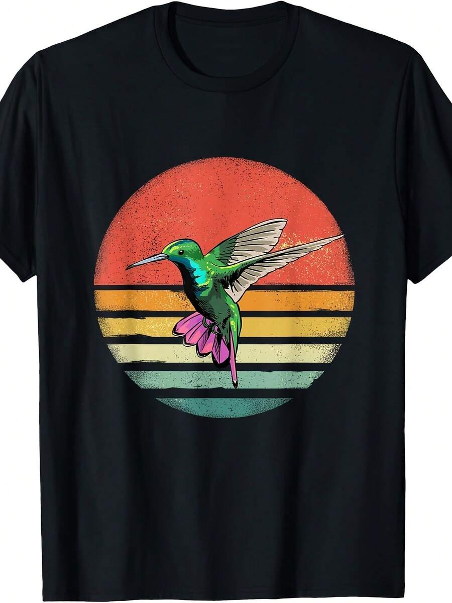 Camiseta retro de observador de pájaros colibrí 100% - 220g - Negro - Ver 1