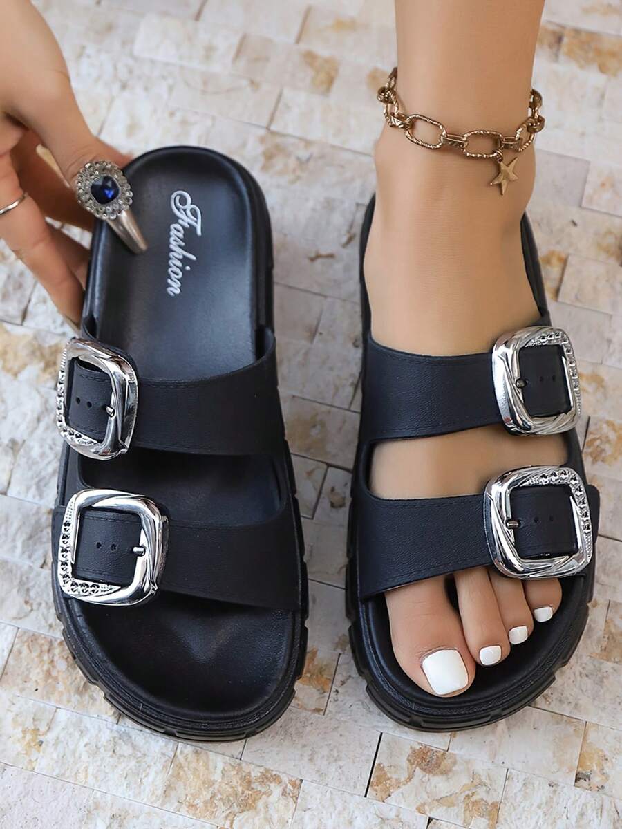 FZY 2026 New Women Summer Casual Sandals, Simple Fashion Thick Platform Lightweight Slippers, Buckle Decor High Heel Platform Thick Bottom Anti Anti-Odor Increased Height Beach Shoes Or Casual Wear At Home Or Commuting Sandals,Essential Easter Outfits - 黑色 - 查看 1