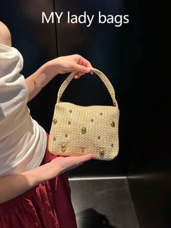 Fashion Woven Tote Bag With Metal Handle, Women's Handbag Straw Woven Travel Bag