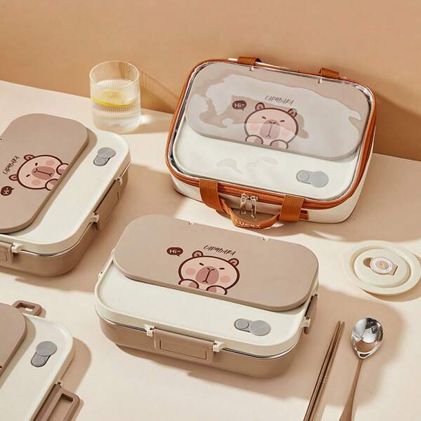 WORTHBUY 1 pièce Boîte à lunch de 1500 ml avec 4/5 compartiments en acier inoxydable 304 avec un motif mignon de capybara. Boîte à bentō portable de grande capacité avec couverts et bol à soupe, boîte-repas isotherme étanche, boîte de rangement pour salade de fruits lavable au lave-vaisselle et micro-ondes. Convient pour les étudiants et les adultes à la maison, à l'école, au bureau, en camping, pique-nique, voyage, rentrée scolaire