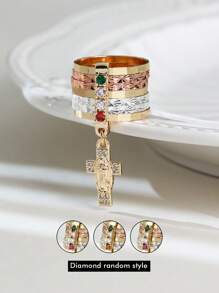 1pc Handmade Tri-Color Virgin Mary Semanario Layered Ring With Random Gemstone Colors Virgen De Guadalupe Anillo With Zirconia Cross Charm Suitable For Gifts, Friends, Daily & Holiday Wear