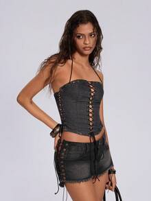 ROMWE Women's Sexy Cross Back Straps Backless Halter Denim Jacket, Summer - Black - View 6