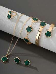 5pcs/Set Lucky Floral Stainless Steel & Shell Bracelet, Necklace, Earrings, Bracelet, And Ring Jewelry Set, New Arrival - Black - View 4