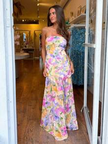 Women Casual Strapless Dress Summer Floral Print Backless A-Line Long Dress For Cocktail Party Beach Streetwear - 紫色 - 查看 4