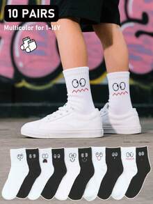 10 Pairs Kids' Funny Crew Socks - Black & White, Cute Design For Boys & Girls - Ideal For School, Sports, Travel & Daily Wear - Infant To Toddler Sizes - Multicolor - View 1