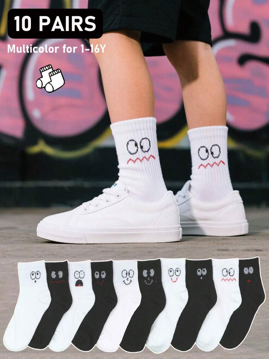 10 Pairs Kids' Funny Crew Socks - Black & White, Cute Design For Boys & Girls - Ideal For School, Sports, Travel & Daily Wear - Infant To Toddler Sizes - Multicolor - View 1