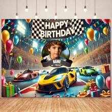 1pc Customizable Photo Name Racing Theme Happy Birthday Backdrop Race Track Black And White Flag Balloon Gift Box Pattern Design For Racing Theme Birthday Party Cake Table Decoration Photography Banner Vinyl