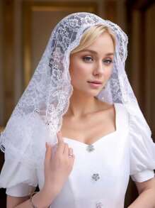 1pc Women Short Solid See-Through Lace Trim Headscarf, Church/Wedding/Party Veil