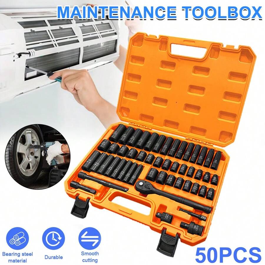 50pcs 3/8" Drive Impact Socket Set, Chrome Vanadium Steel Hex Design Including SAE Sizes From 1/4" 5/16" To 3/4" And Metric 8mm To 22mm, Equipped With Ratchet Wrench, Extension Bar, Adapters