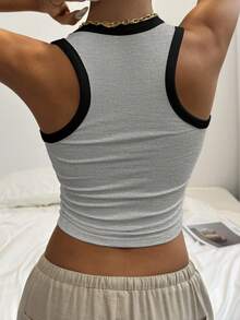 Áo ba lỗ hở lưng cổ cao có gân màu trơn Mystra Summer Minimalist Vintage, đa năng và thời trang - Xám - Xem 5