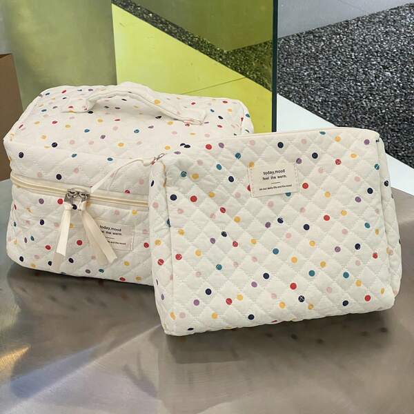 Colorful Polka Dot Cute Girl Makeup Bag, Soft Fabric Fresh Color Block Zipper Style, Large Capacity Toiletry Bag For Work, Daily Commute, Home And Travel, Womentravel Essentials Vacation Summer Holiday Back To School School Stuff Bag For School Travel Bag For Women Makeup Bag For Travel