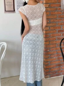 ROSIE POPHUB Women Sleeveless Lace Sheer Cover‑Up Dress, Round Neck Fringe Slit Long Mesh Tunic Top, Y2K Summer Casual Streetwear - White - View 8