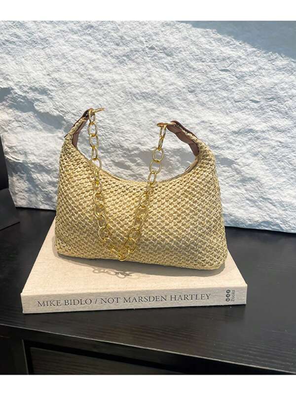Summer New Large Capacity Woven Underarm Bag, Casual Versatile Chain Strap Shoulder Bag For Women, Holiday Handbag
