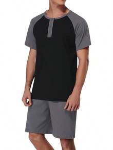 Men's Cotton Pajamas Sets V Neck Lounge Set Sleepwears With Pockethalloween - Black Color Block - View 11