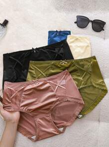 5pcs Ladies Solid Color French Satin Sexy Lace Lace Bow Mid-Waist Triangle Panties