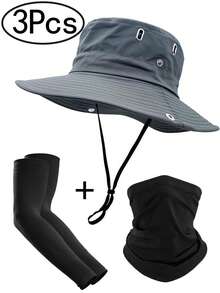 3 件套遮阳帽 + 袖套 + 围脖 男女款渔夫帽 UPF 50+ 布尼帽 可折叠防晒 徒步沙滩钓鱼 夏季