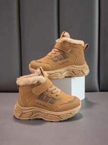 儿童运动鞋,女童休闲鞋,带毛绒衬里,男童冬季保暖时尚百搭运动鞋,全新设计 - 棕色 - 查看 3