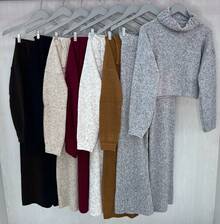 Women's Mousse Knit Set Wide Leg Pantaloons And Cropped Top Aerolook Autumn Winter - Màu Đỏ Sâu - Xem 2