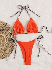 Set de 2 piezas Bikini minimalista y sexy con tiras de cuello halter y estampado de leopardo, para mujer