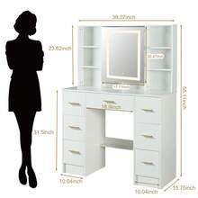Large Vanity Table With LED Mirror, 3-Color Light And Multi-Tiered Shelves, 7 Drawers With Opening Mirrors. - White - View 8
