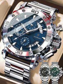 POEDAGAR 1pc Luxury Men's Stainless Steel Quartz Chronograph Watch With Microsecond Subdial, Sports Style Date Display Luminous Waterproof Wristwatch, Casual Men's Watch Suitable For Daily Wear