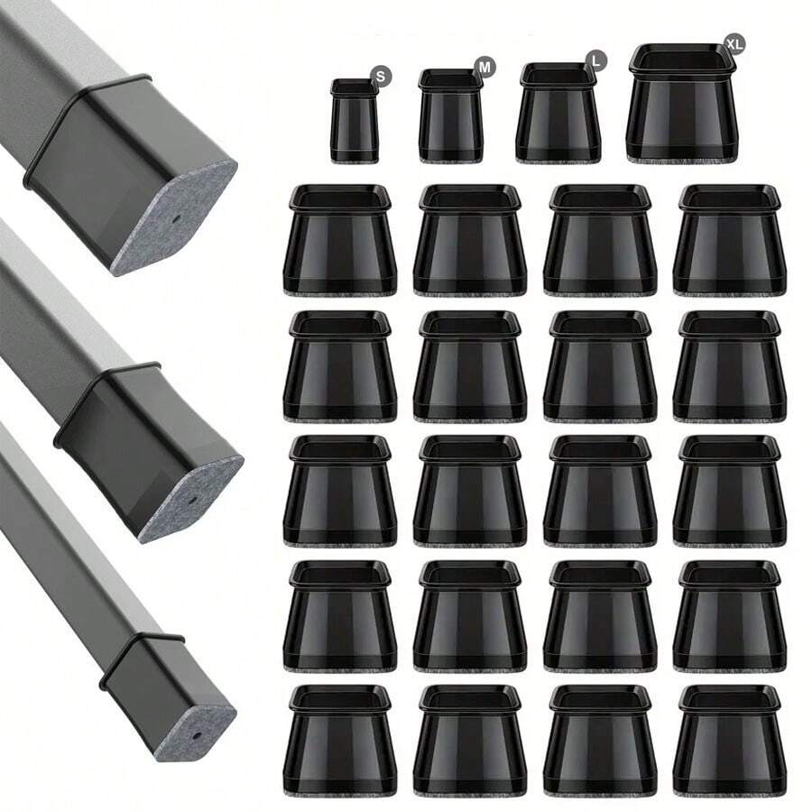 28/20 Square Chair Leg Protection Covers, Black Silicone Felt Furniture Chair Leg Pads, Suitable For Wooden And Tile Floors, Anti-Slip Furniture Leg Caps, Noise-Reducing And Silent Furniture Foot Covers (Multiple Sizes, Suitable For Chair Legs Of 1.3-5.5cm)