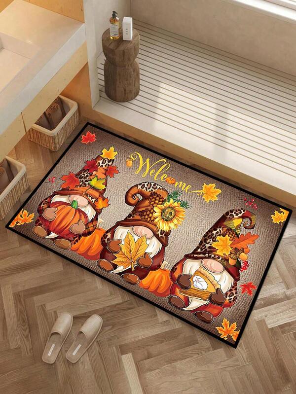 1 Stück Herbst Zwerge, Ahornblätter, Kürbis "Willkommen" Muster Fußmatte, Landhaustil Jahreszeit Innen- und Außenbereich rutschfester Teppich, maschinenwaschbar aus Polyesterfaser, geeignet für Küche, Esszimmer, Flur, Badezimmer, Schlafzimmer, Außenbereich, Eingang, Heimdekoration, Raumdekoration, für alle Jahreszeiten