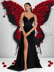 ADYCE Elegante vestido de noche de lentejuelas con tirantes finos, escote en V, sin mangas, cintura alta, transparente, corte sirena con abertura alta y espalda abierta con lazo, adecuado para invitados de boda, fiesta, baile de graduación, cita nocturna, cena formal - Negro - Ver 7