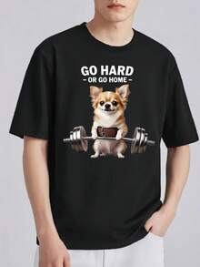 Men's "Go For It Or Go Home" Chihuahua Weightlifting Graphic T-Shirt - 100% Cotton, Short Sleeve, Round Neck, Machine Washable - Black Casual Fitness Shirt With Fun Workout Dog Design, Fitness Apparel Playful Graphic Tees Cotton T-Shirts, Gym Shirts - 黑色 - 查看 1