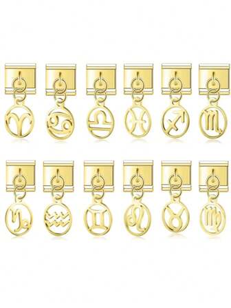 2025 时尚模块化金色十二星座意大利吊坠链节，适用于 9 毫米弹性手链，不锈钢材质，可用于制作珠宝