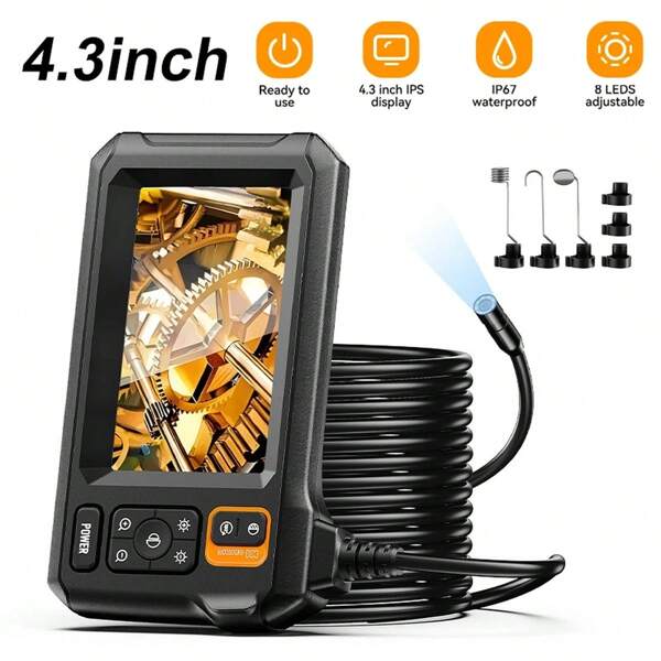 1080P Industrial Endoscope Camera With Light, 8mm Mini Inspection Lens, 4.3" LCD Screen, For Car Pipe Drain Duct Wall, Button Control, Rechargeable 2000mAh Battery, Pipe & House Inspection, Diagnostic Tool | Adjustable Lighting | Durable Structure, Endoscope Camera Home Decor Tool