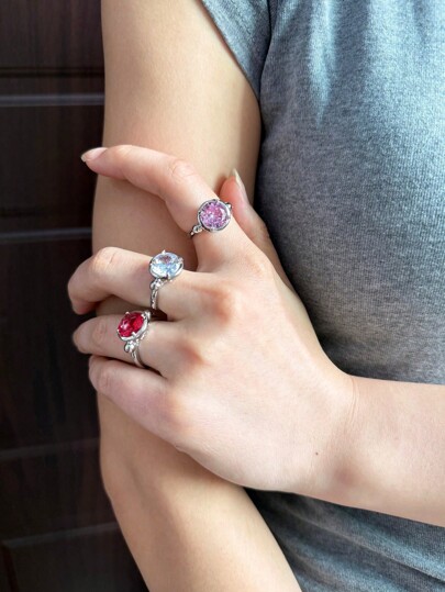 1pc Adjustable Open Ring, Korean Style Luxury Hollow Base Zirconia Open Ring For Date, Party, Daily Wear, Gift