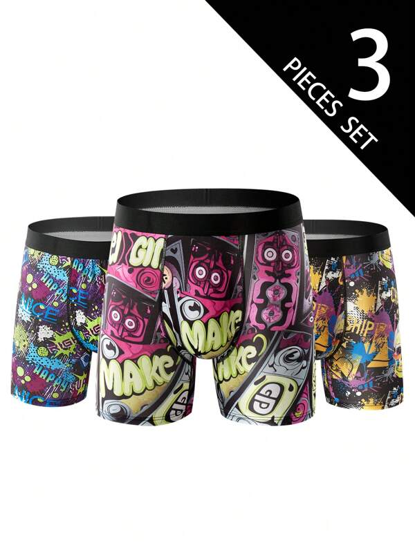 3Pcs Men's Fashion Comic Graffiti Style Boxer Briefs ,Men Underwear,Summer Pijama, Comfortable And Soft Lining,Suitable Daily Wear And Sleeping