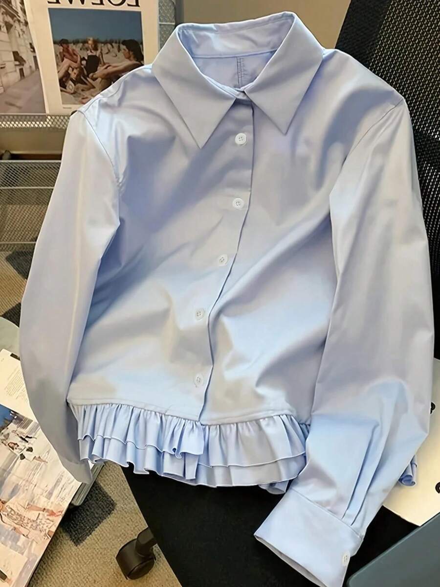 Women's Long Sleeve Ruffle Trim Unique French Style Elegant Blouse