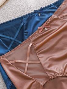 5pcs Ladies Solid Color French Satin Sexy Lace Lace Bow Mid-Waist Triangle Panties